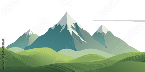 Majestic green mountains with snow peaks and cloudy sky