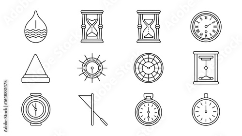 Collection of vintage timekeeping devices and clocks in a hand drawn style