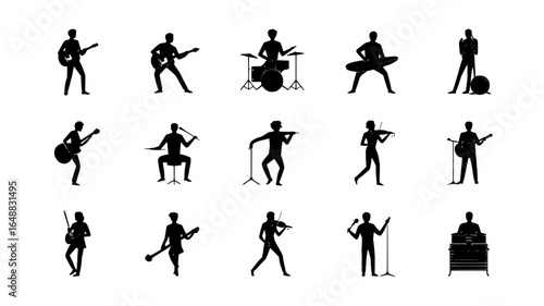 Diverse silhouettes of musicians performing on stage