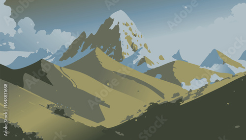 Majestic green mountains with snow peaks and cloudy sky