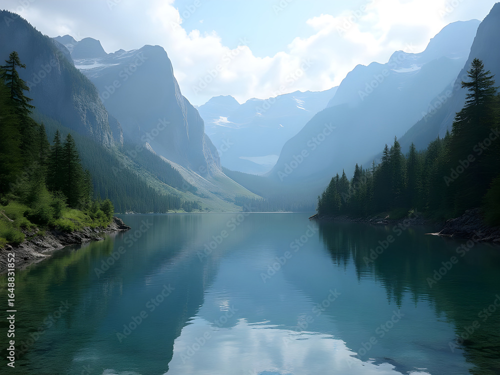 Fototapeta premium Serene Mountain Lake Reflection. Tranquil Blue Water, Majestic Peaks, Coniferous Forest.