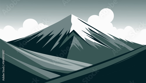 Majestic green mountains with snow peaks and cloudy sky