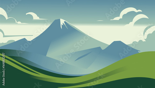 Majestic green mountains with snow peaks and cloudy sky