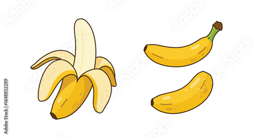 Cartoon Banana Set Peeled and Unpeeled Tropical Fruit Illustration