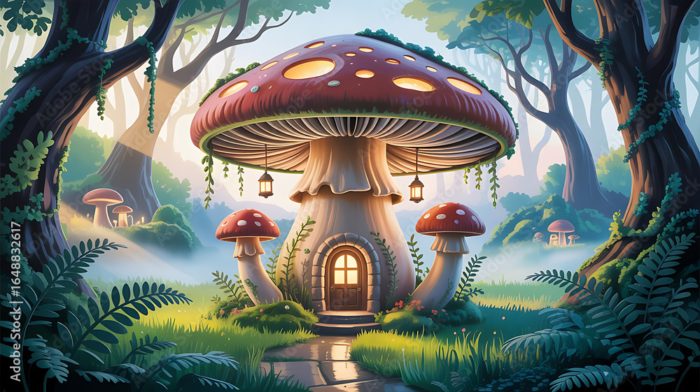 Fototapeta premium Whimsical Mushroom House in Enchanted Forest a Cozy Abode Amidst Lush Greenery and Fairy Tale Ambiance