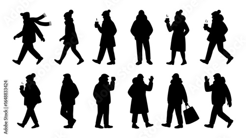 Silhouettes of people walking in winter clothing with hats and scarves