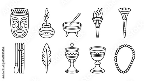 Collection of african tribal artifacts and ritual objects hand drawn line art