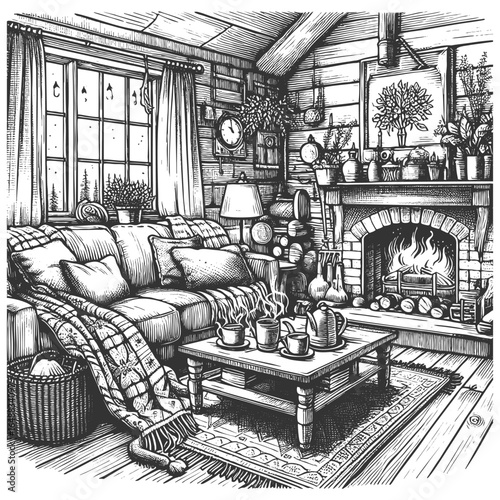 warm and inviting log cabin living room, detailed homey decor sketch engraving generative ai vector illustration. Scratch board imitation. Black and white image.