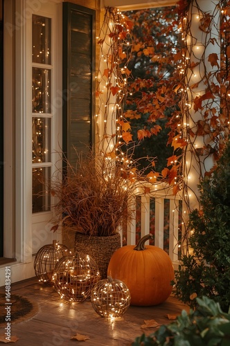 Cozy autumn house porch with warm lights, fall home decor concept