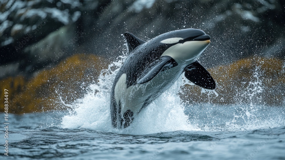 Obraz premium A Majestic Orca Breaches, Frozen in a Shower of Glistening Water Droplets
