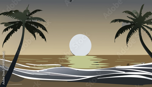 Golden tropical sunset with palm trees and ocean reflections