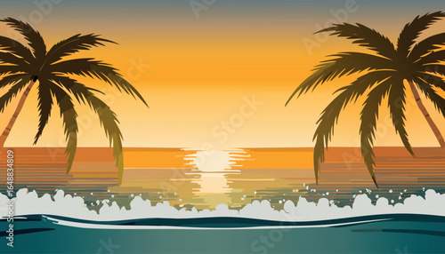 Golden tropical sunset with palm trees and ocean reflections