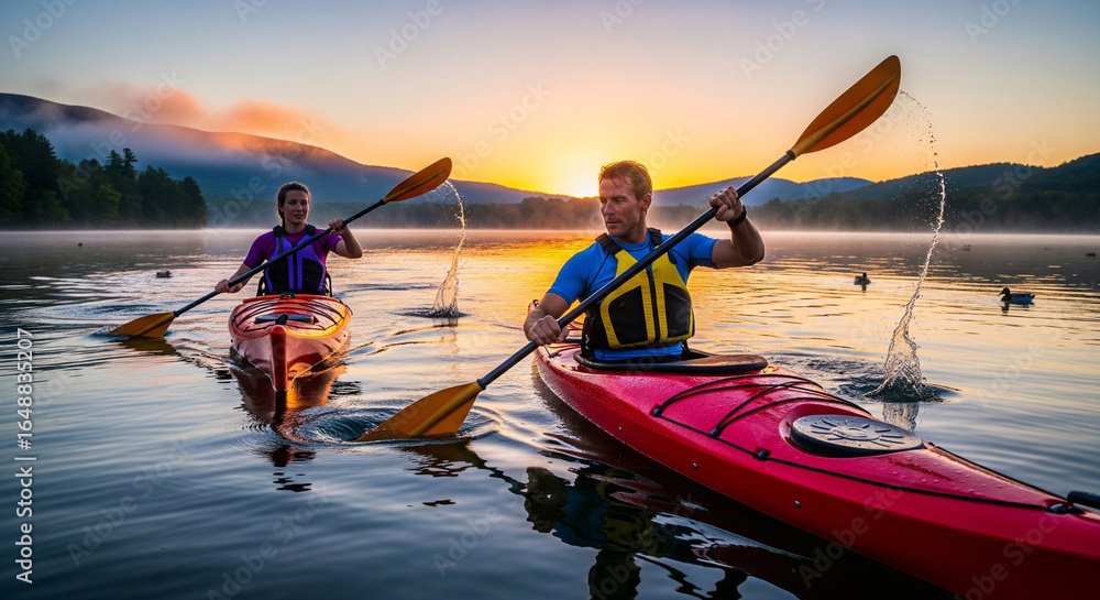 Naklejka premium Two kayakers, a man and a woman, enjoy training on the calm waters of a picturesque lake, skillfully maneuvering their boats