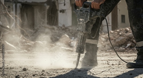 Person using jackhammer on concrete with debris and building in background.