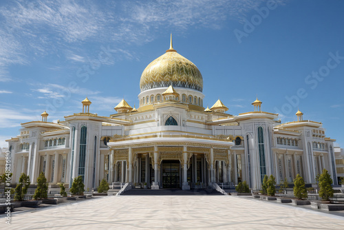 The modern architecture of the Istana Nurul Iman palace gleaming under bright sunlight, symbolizing royal grandeur and power.