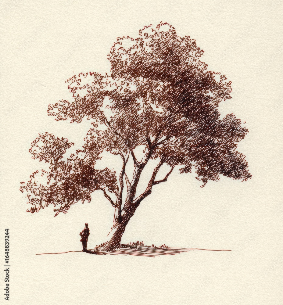Fototapeta premium Hand-drawn illustration of a large tree with a silhouetted figure standing beneath it