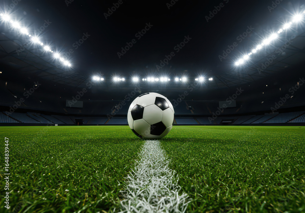 Obraz premium Soccer ball resting on the field in a stadium under bright lights at night.