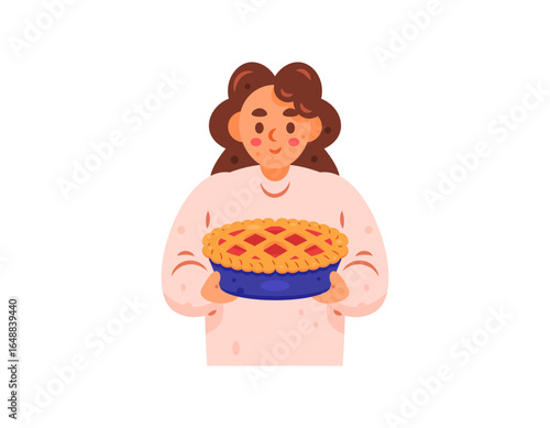 Illustration of a beautiful girl presenting a pie dish. Holding a plate of apple pie. Celebrating Thanksgiving, Friendsgiving. Celebrations and events. Flat style character design. White background