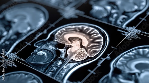 A detailed MRI scan shows a human brain in cross section, revealing intricate anatomical structures essential for neurological study and medical diagnostics
