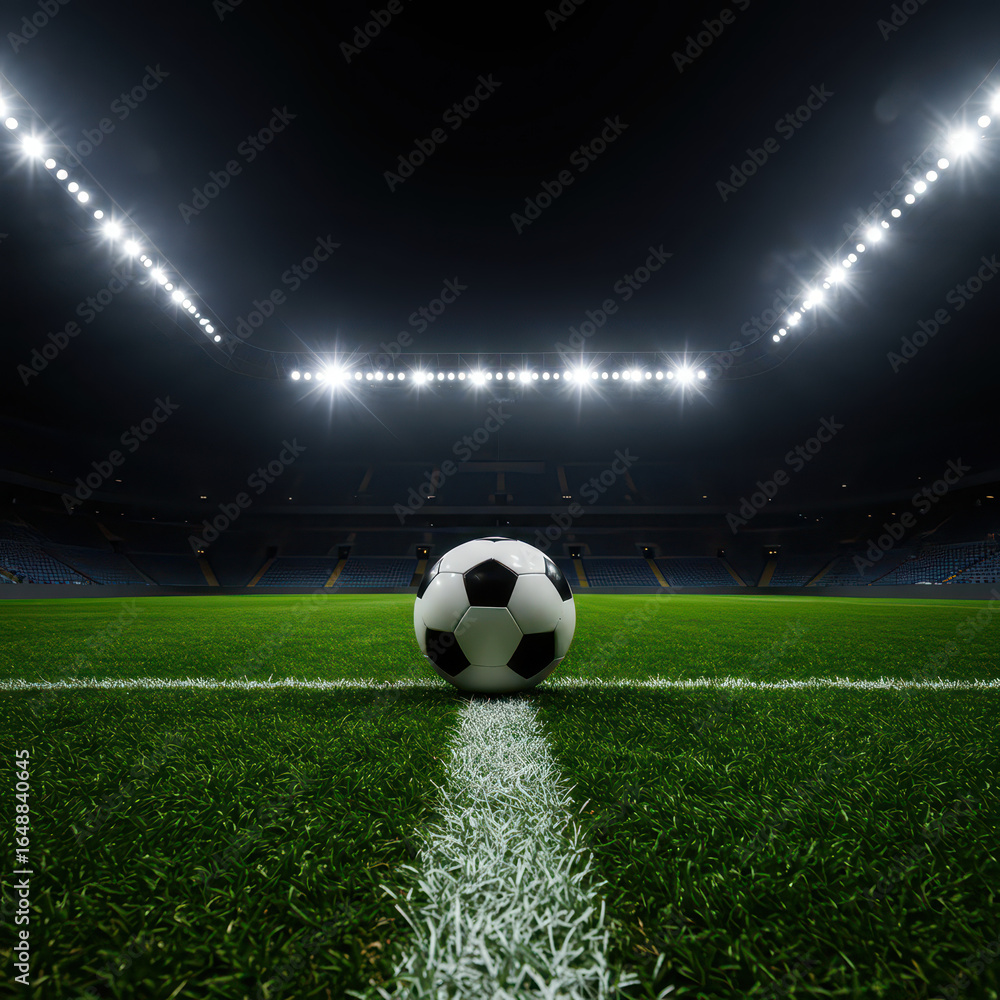 Fototapeta premium Soccer Ball on Field at Night with Stadium Lights, Ready for the Game, Sports Concept
