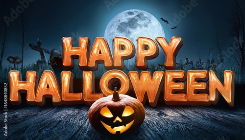 Happy Halloween Text with Spooky Elements – Pumpkins, Bats, and Ghosts