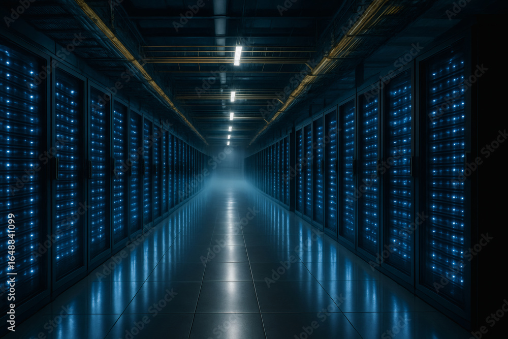 Fototapeta premium Long corridor of server racks with blue LED lights in modern data center