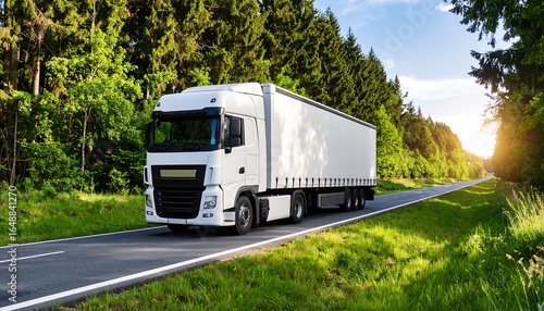 White truck on a road through forest