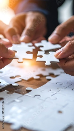 Close-up of hands assembling puzzle pieces