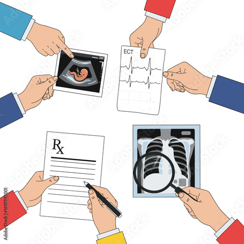 Medical professionals collaborate examining patient data including ultrasound scans electrocardiograms prescriptions and x-rays during a team meeting to discuss diagnosis