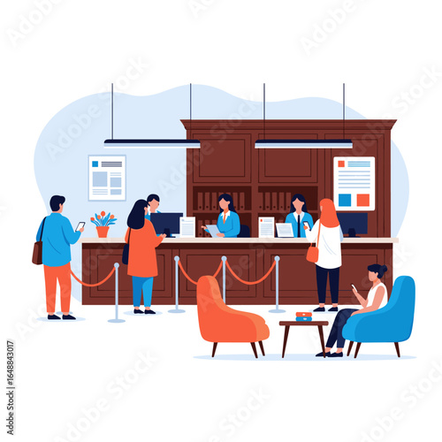 People queuing at a service counter with employees assisting customers and waiting guests sitting in a lobby area