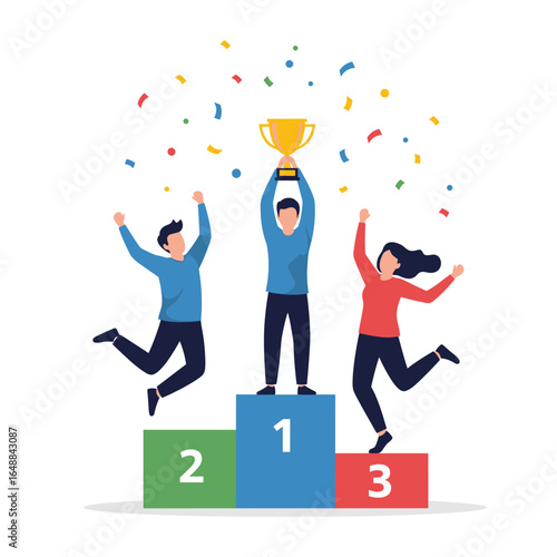 Celebrate success with victory and achievement on the podium surrounded by falling confetti