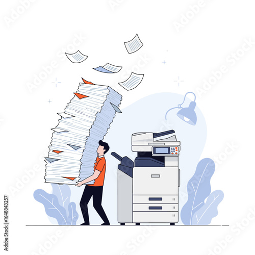 Overwhelmed office worker struggling with enormous stack of paper next to a copier
