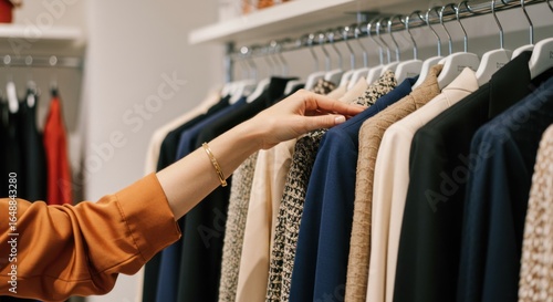Hand selecting clothes hanging on a rack in a retail store setting.