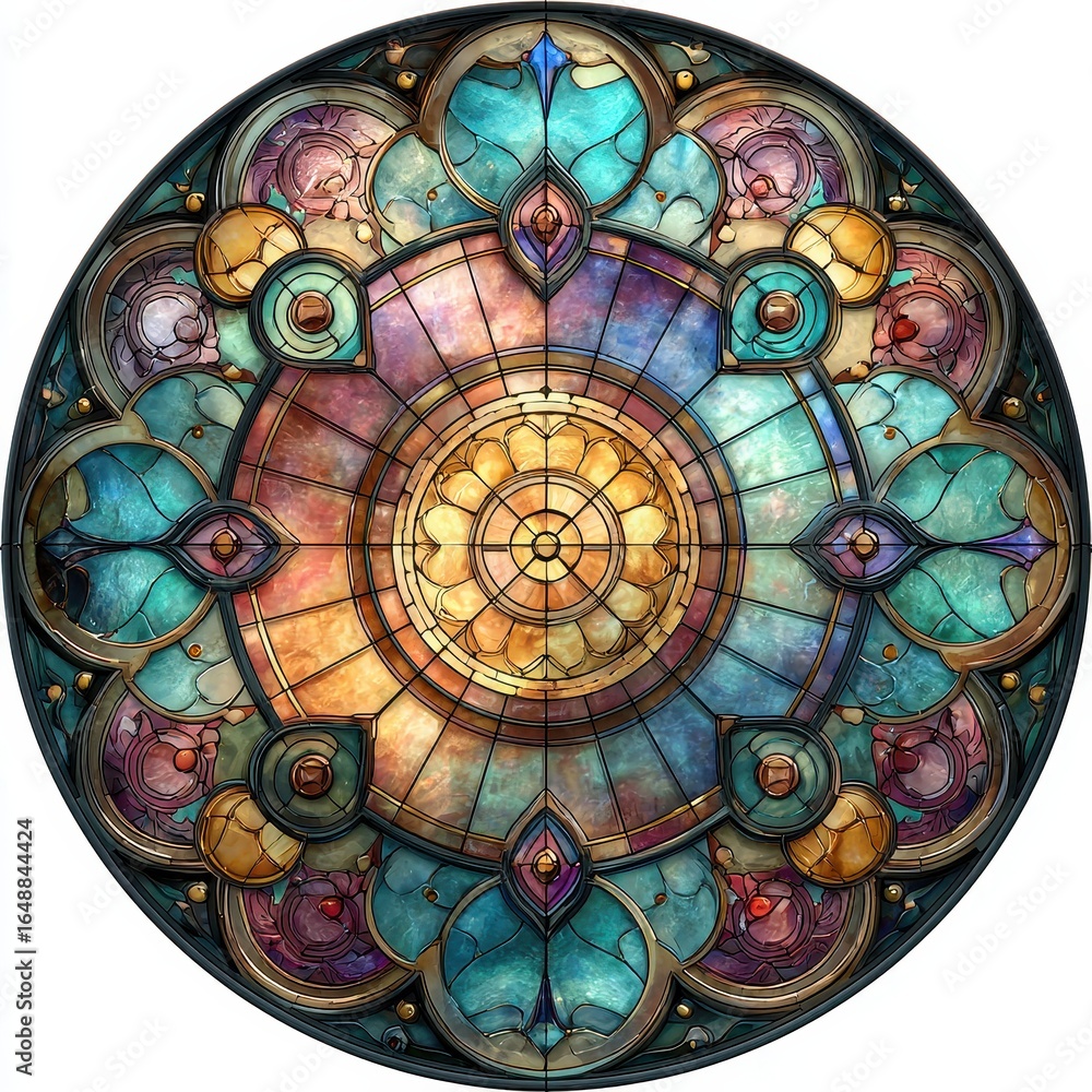 Obraz premium Circular stained glass window, church interior, ornate design, peaceful background, religious art
