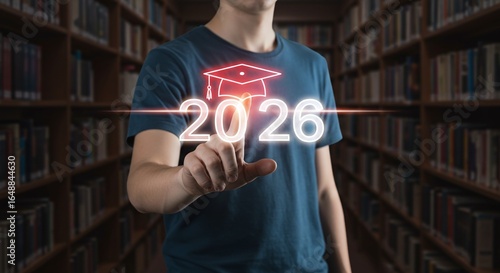 Student touching glowing 2026 with a graduation cap icon in a university library. New year 2026 Academic Success and Education Goals with Graduation Concept