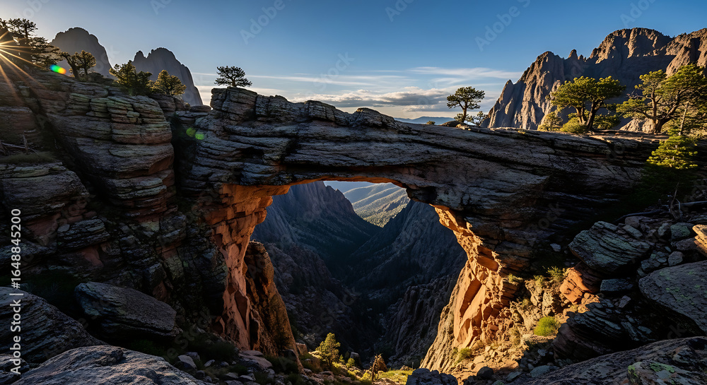 Obraz premium Dramatic natural rock arch illuminated by golden hour sunlight in a rugged mountain landscape