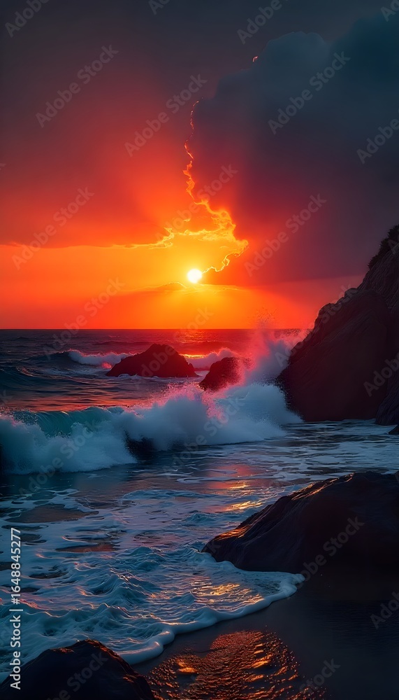 Fototapeta premium A scenic ocean view at sunset with crashing waves and dramatic clouds in a colorful sky mobile wallpaper
