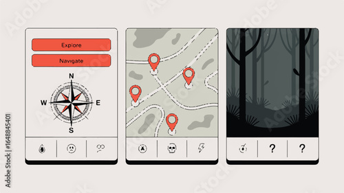Digital Expedition Interface with Compass Map and Forest View for Modern Adventure and Exploration Enthusiasts UI Design and Mobile App Development Showing Navigation Tools and Environmental Awareness
