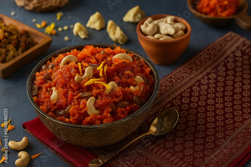 Fresh homemade gajar halwa in bowl topped with cashews almonds