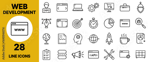 Web Development Icon Set – www, Coding Laptop, Code Editor, Website Layout, Responsive Design, Server, Database, and Cloud Hosting Vector Collection for Programmers
