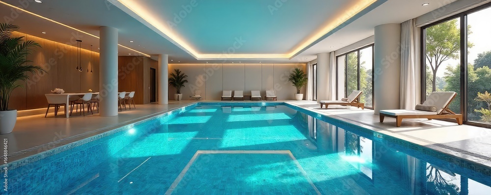 Fototapeta premium A pristine indoor swimming pool, sparkling blue water reflecting the overhead lighting, clean lines, and modern architecture Perfect for relaxation and fitness , sport, underwater, healthy