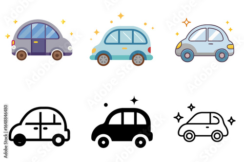 Flat icon of a compact car with a curved roof, windows, and wheels for transport

