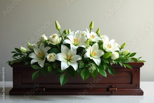 A serene arrangement of white lilies and roses, elegantly placed in a simple, dark wooden casket Perfect for sympathy, remembrance, and funeral services , death flowers, blossom