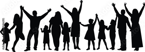 Silhouette of a diverse group of people holding hands and celebrating with raised arms, symbolizing unity, joy, and togetherness in a black and white illustration.