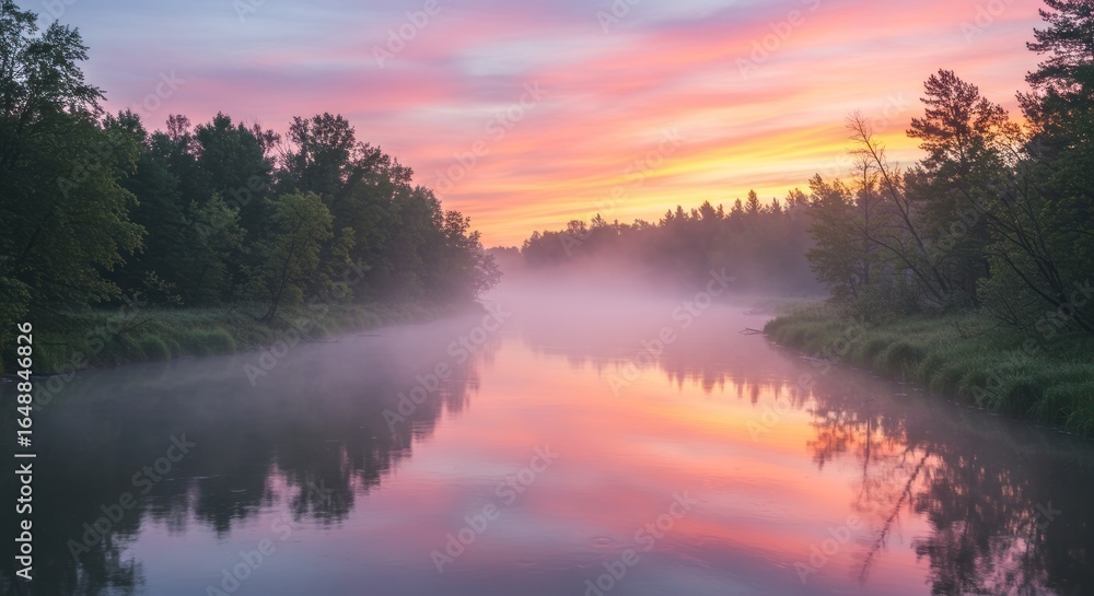 Fototapeta premium River flows through trees with fog and colorful sky at sunrise or sunset.