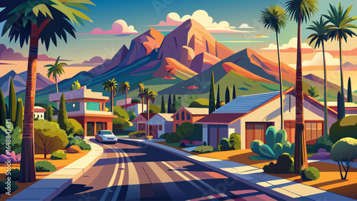 In Paradise Valley, AZ, a scenic view unfolds, with Camelback Mountain rising majestically beyond an affluent neighborhood street, framed by palm trees, manicured lawns, and golden sunlight.
