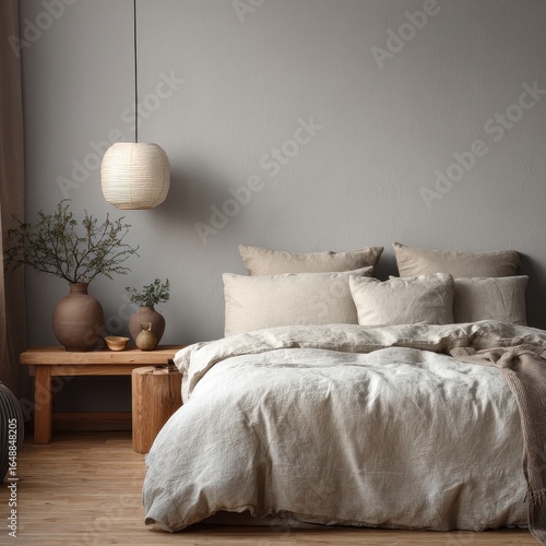 Bed with linen bedding, styled in a room. Warm natural tones, vase, cozy, clean
