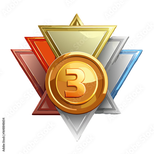 Gold medal with the number three and layered triangular awards