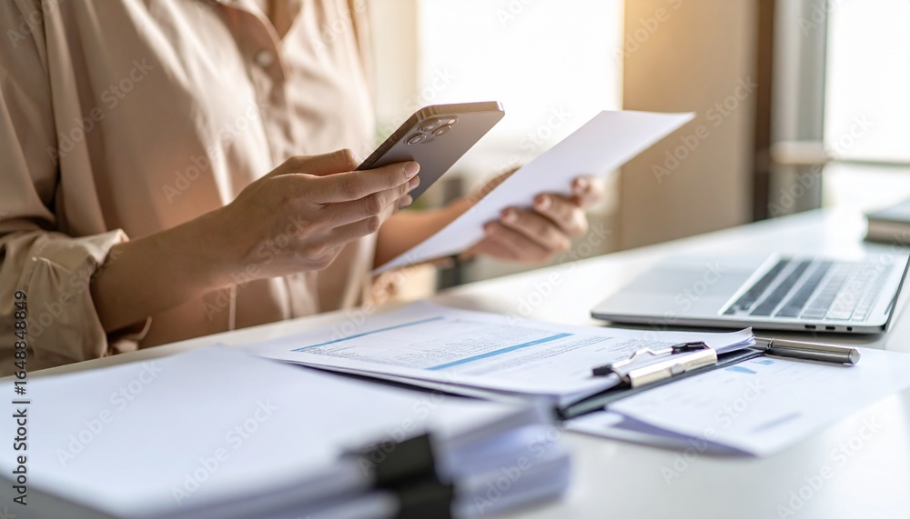 A person flipping through documents on a desk and checking their smartphone A person flipping through documents on a desk and checking their smartphone