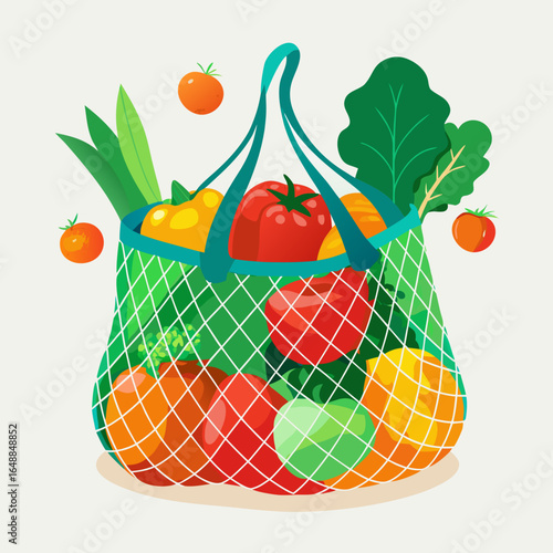 A colorful mesh bag overflowing with fresh vegetables and fruits for healthy eating